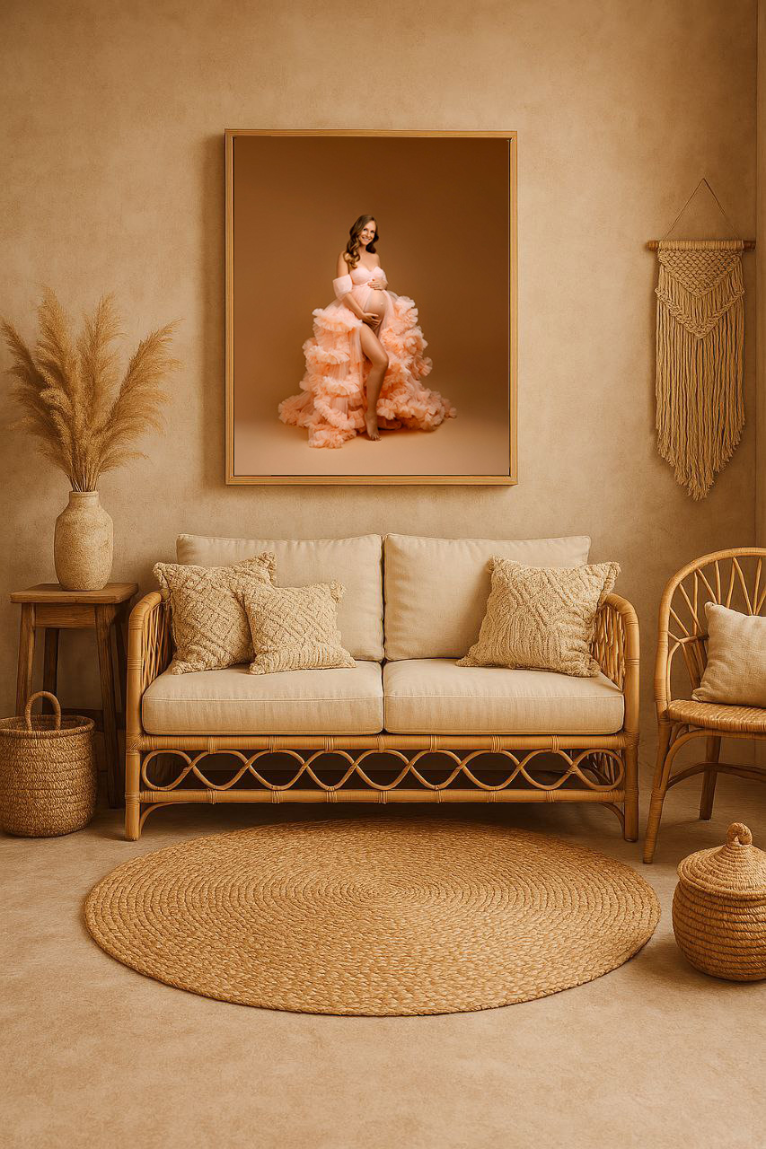 Babybauch Fotoshooting – schwangere Frau in rosa Kleid, eingerahmt als Wandbild über Sofa im beige Boho Wohnzimmer